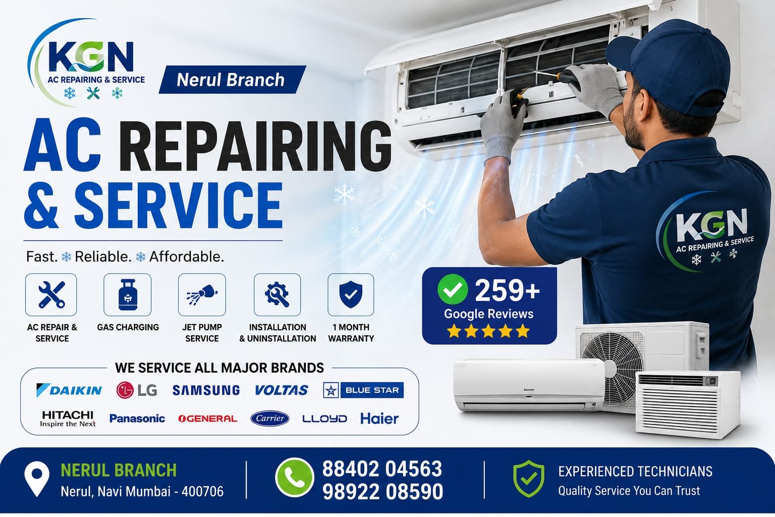 AC repair service in Navi Mumbai - KGN AC Repairing and Service hero banner with same-day service and 3-month warranty